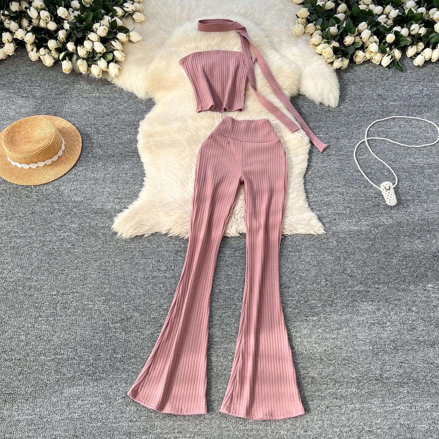 Chic Two Piece Strapless Ribbon Design Short Slim Tops+High Waist Long Pants Sets