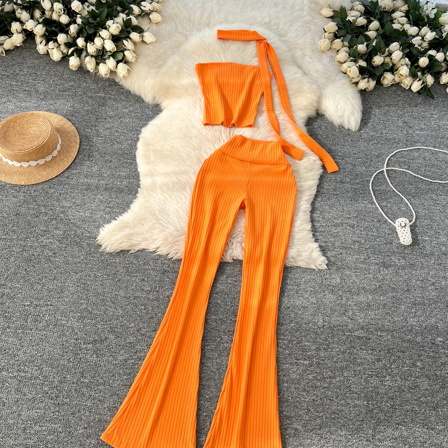 Chic Two Piece Strapless Ribbon Design Short Slim Tops+High Waist Long Pants Sets