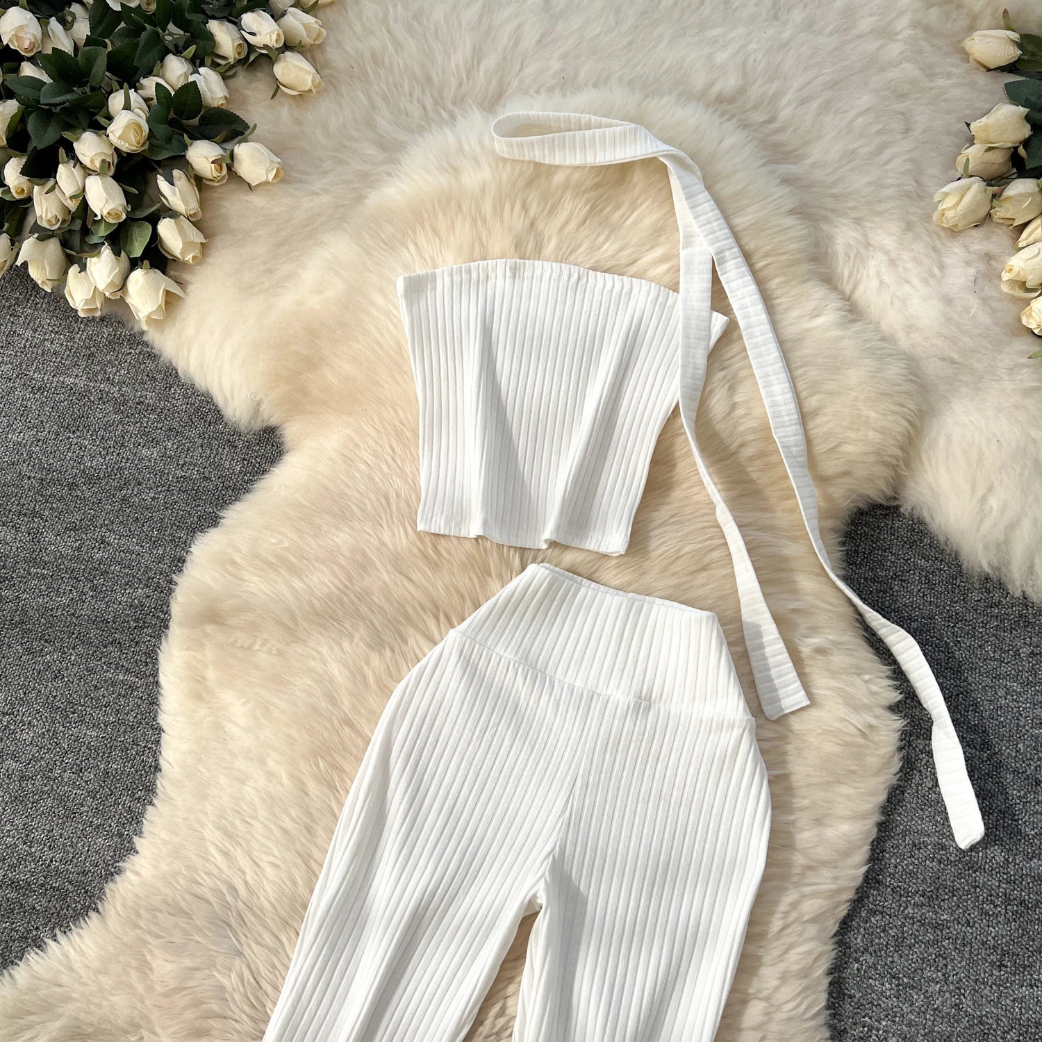 Chic Two Piece Strapless Ribbon Design Short Slim Tops+High Waist Long Pants Sets