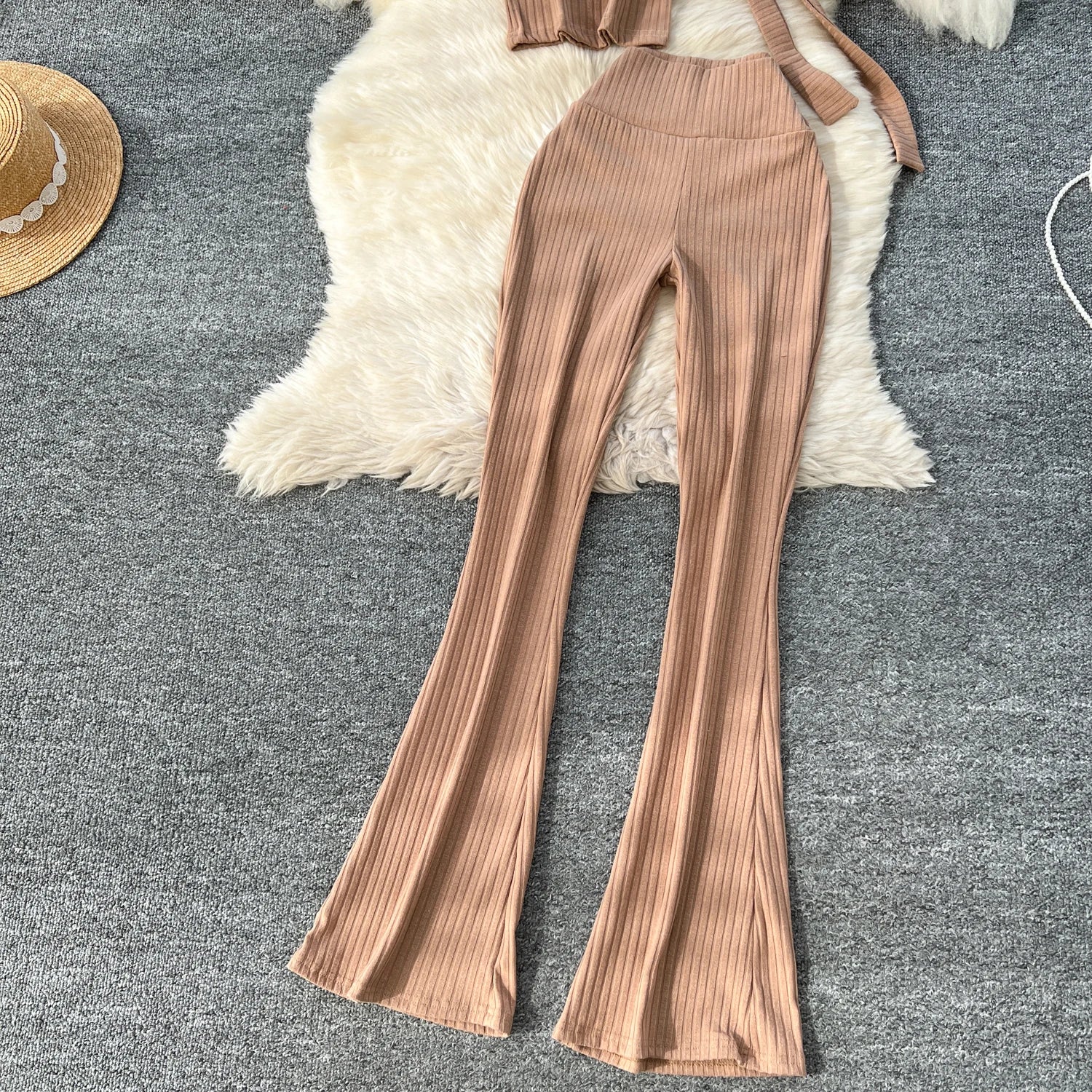Chic Two Piece Strapless Ribbon Design Short Slim Tops+High Waist Long Pants Sets