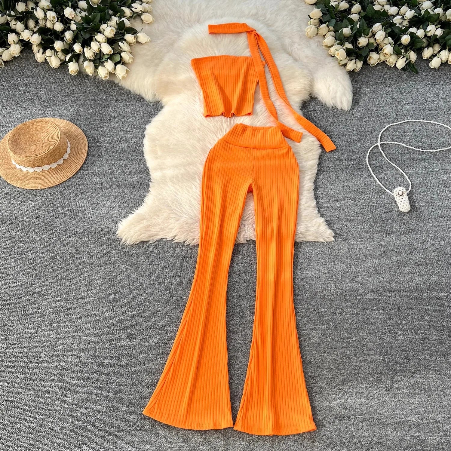 Chic Two Piece Strapless Ribbon Design Short Slim Tops+High Waist Long Pants Sets
