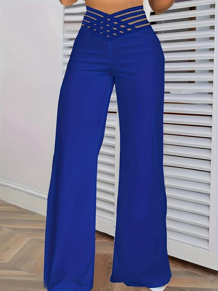 Flared Y2k Casual Crisscross Sheer Mesh Patch High Waist Trousers