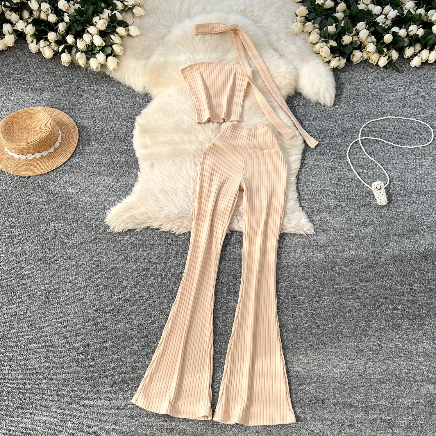 Chic Two Piece Strapless Ribbon Design Short Slim Tops+High Waist Long Pants Sets