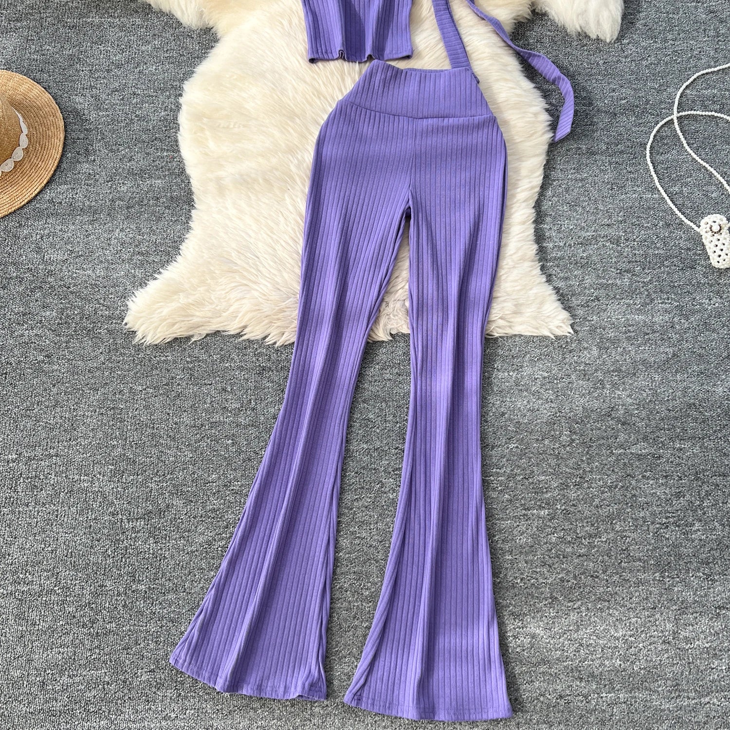 Chic Two Piece Strapless Ribbon Design Short Slim Tops+High Waist Long Pants Sets