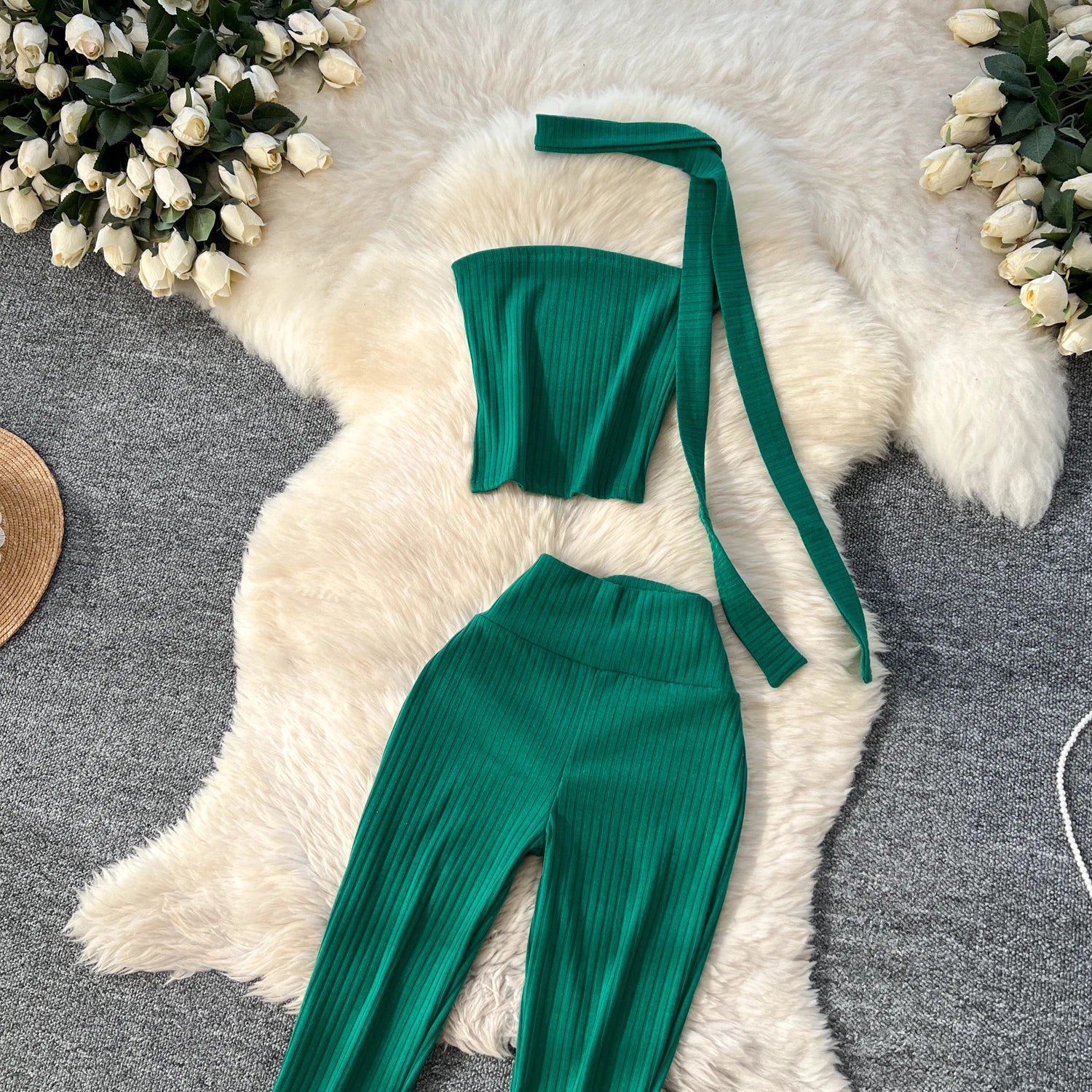 Chic Two Piece Strapless Ribbon Design Short Slim Tops+High Waist Long Pants Sets