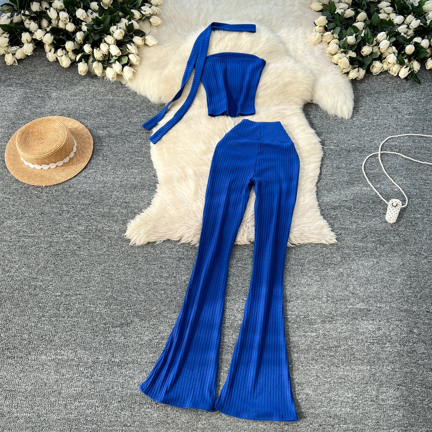 Chic Two Piece Strapless Ribbon Design Short Slim Tops+High Waist Long Pants Sets