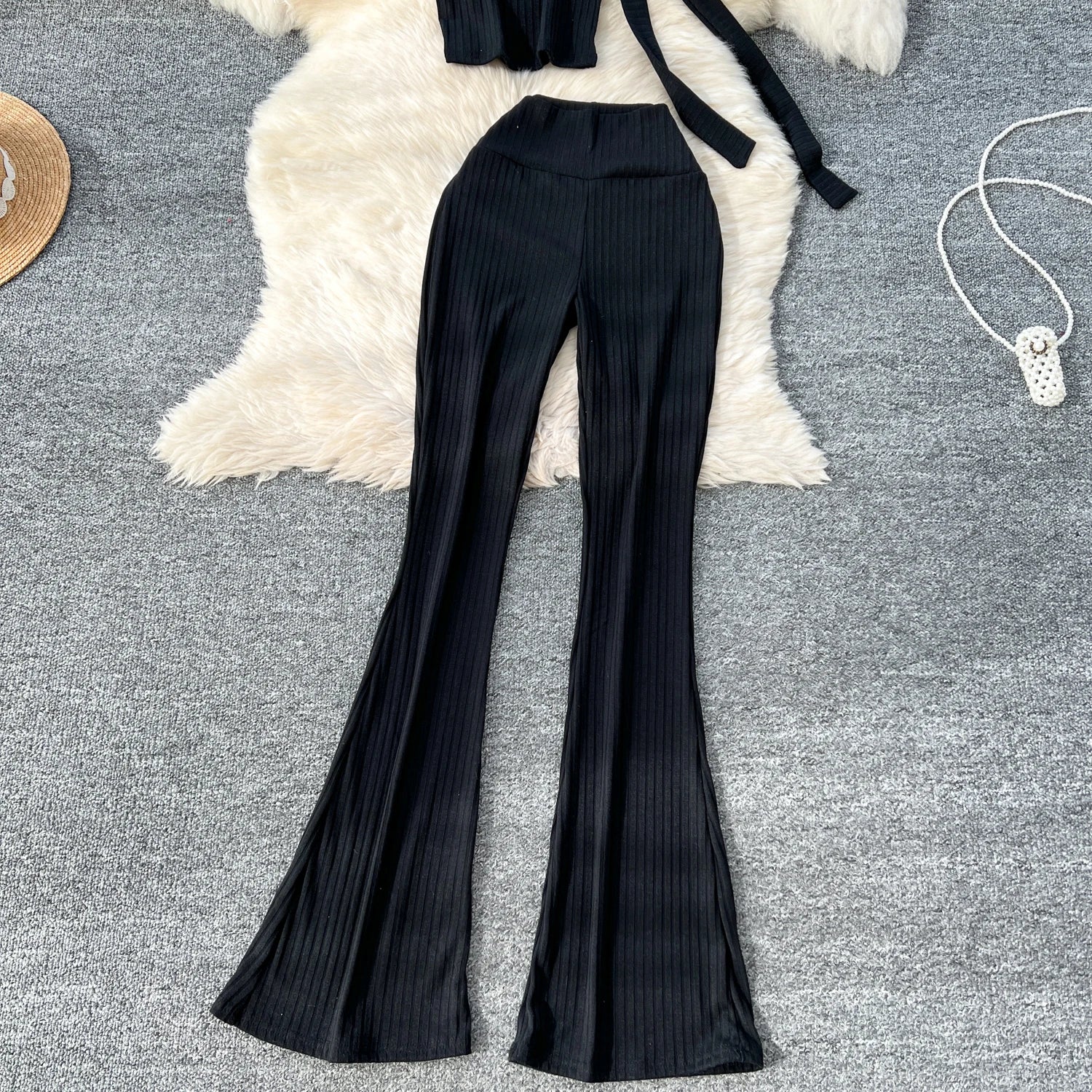 Chic Two Piece Strapless Ribbon Design Short Slim Tops+High Waist Long Pants Sets