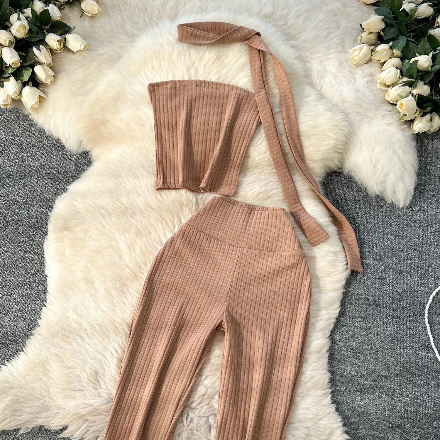 Chic Two Piece Strapless Ribbon Design Short Slim Tops+High Waist Long Pants Sets
