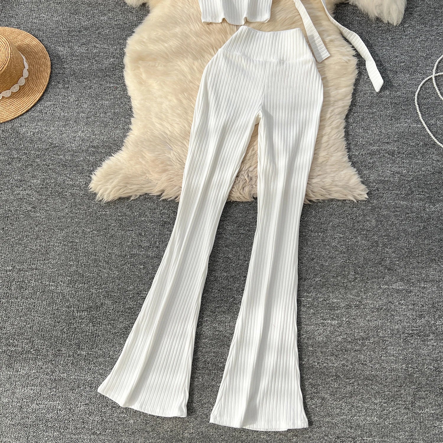 Chic Two Piece Strapless Ribbon Design Short Slim Tops+High Waist Long Pants Sets