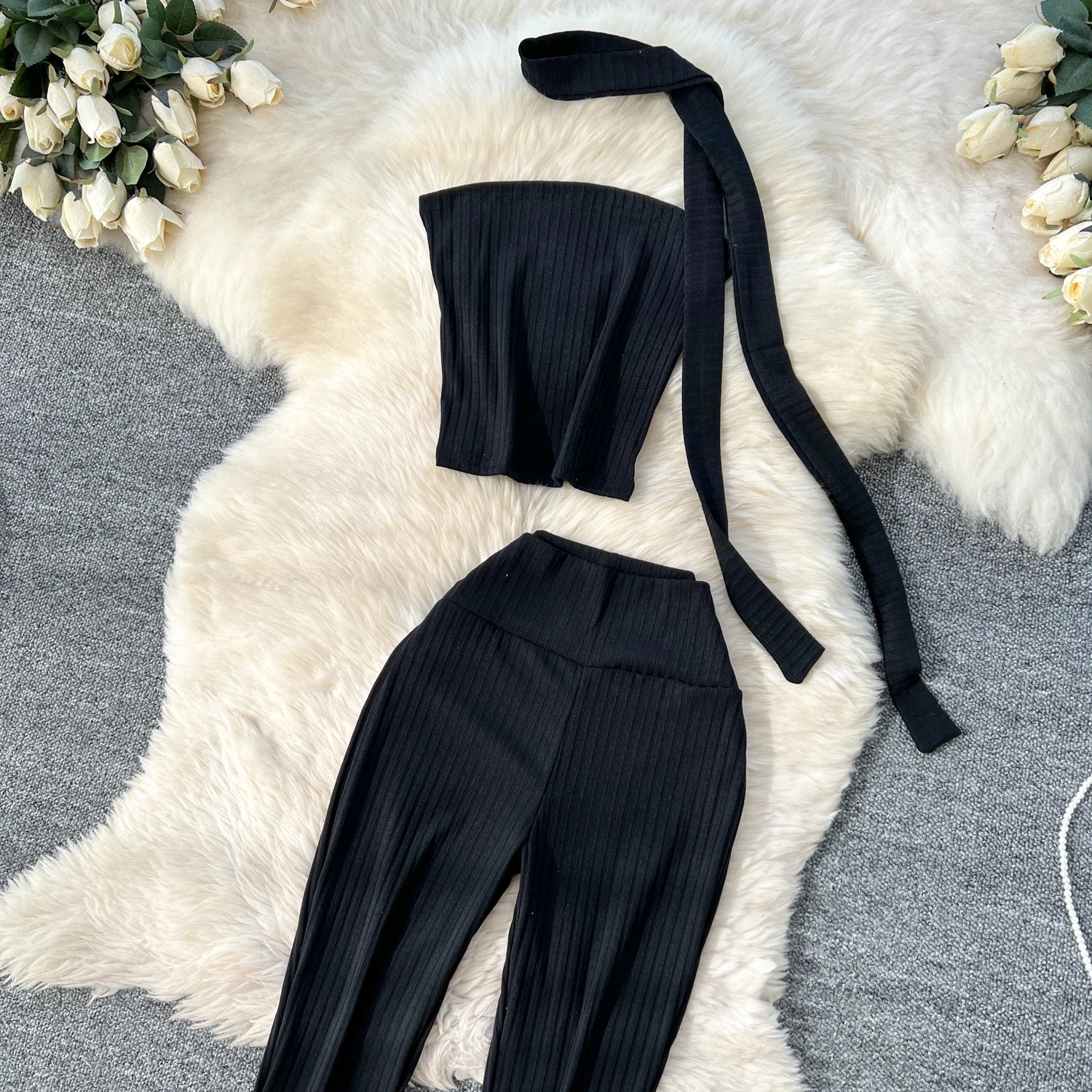 Chic Two Piece Strapless Ribbon Design Short Slim Tops+High Waist Long Pants Sets