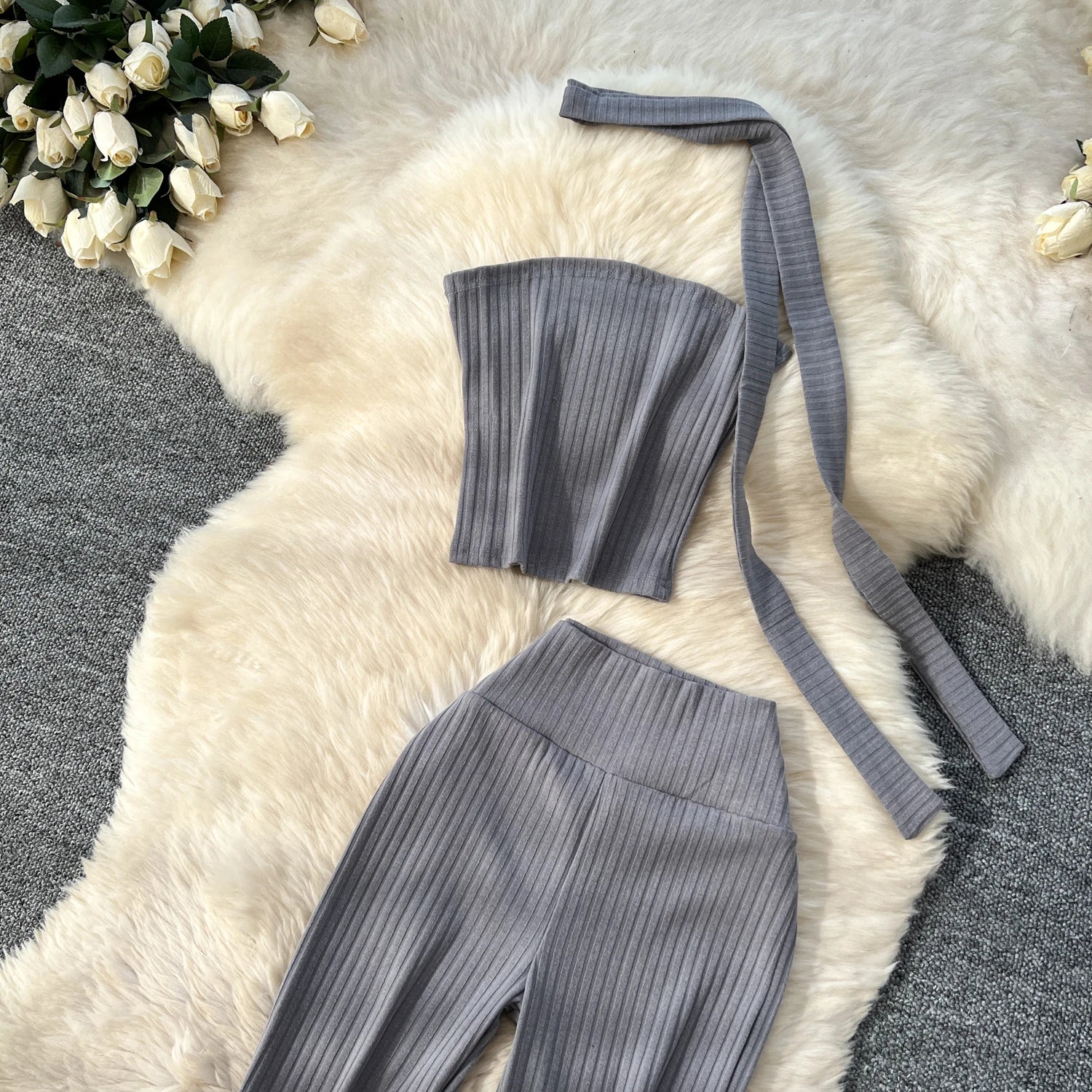 Chic Two Piece Strapless Ribbon Design Short Slim Tops+High Waist Long Pants Sets
