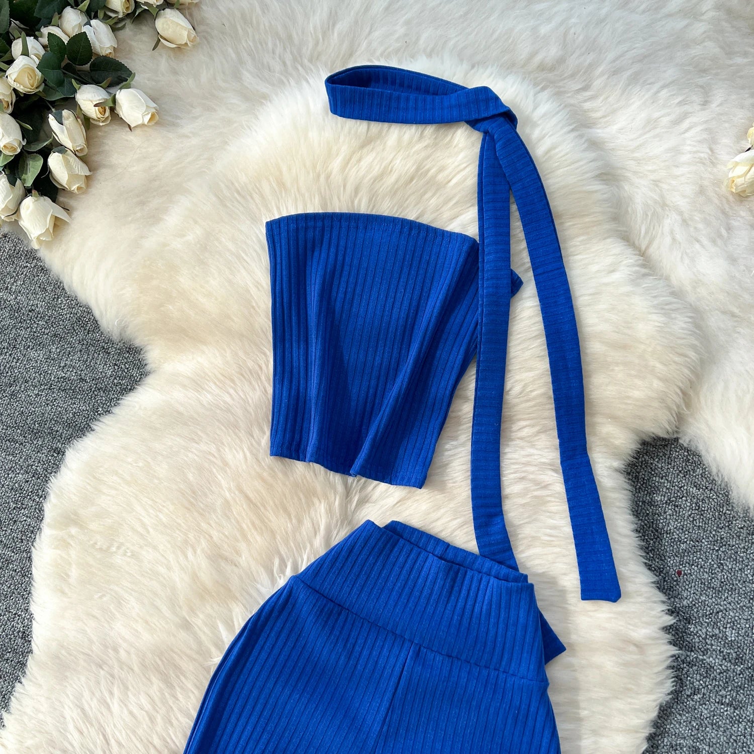 Chic Two Piece Strapless Ribbon Design Short Slim Tops+High Waist Long Pants Sets
