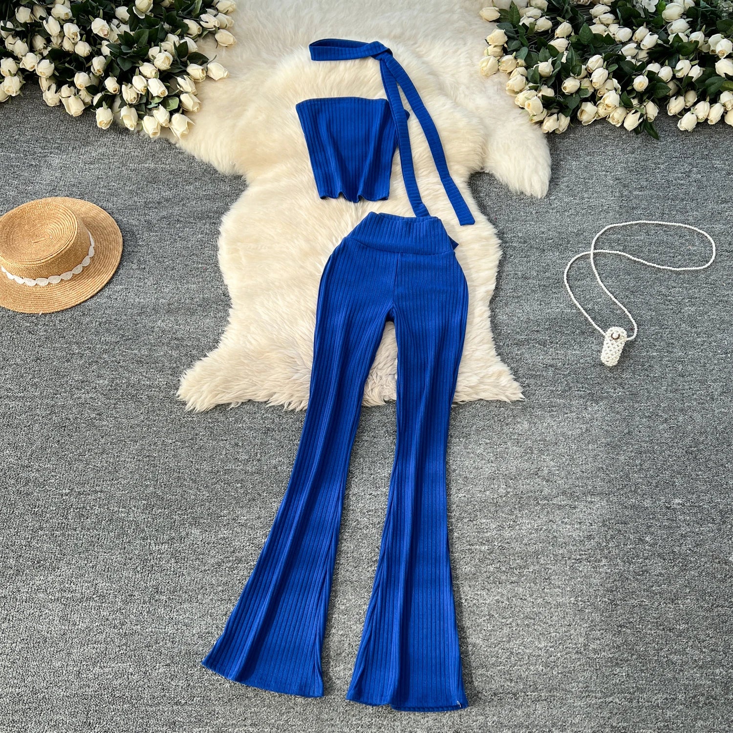 Chic Two Piece Strapless Ribbon Design Short Slim Tops+High Waist Long Pants Sets