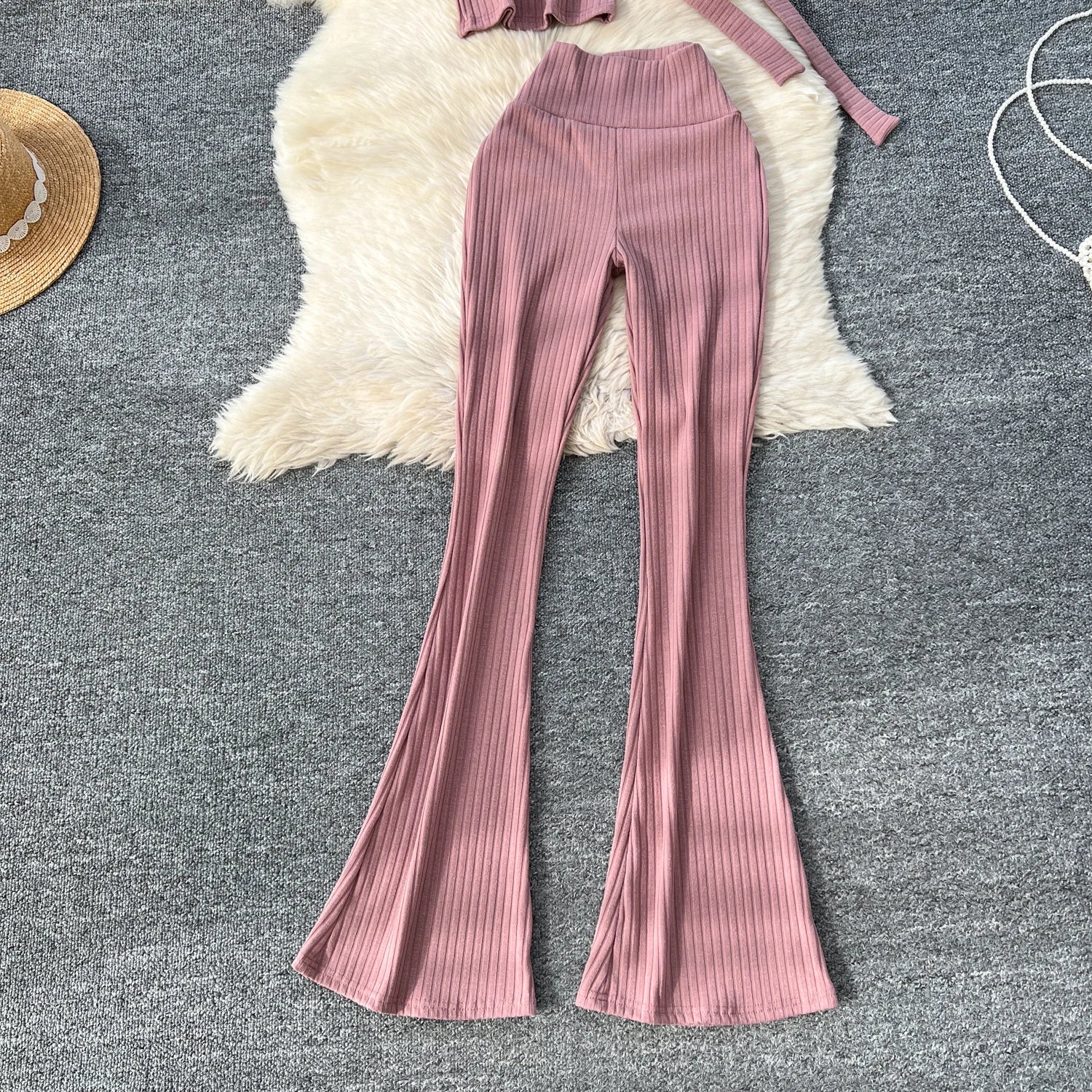 Chic Two Piece Strapless Ribbon Design Short Slim Tops+High Waist Long Pants Sets