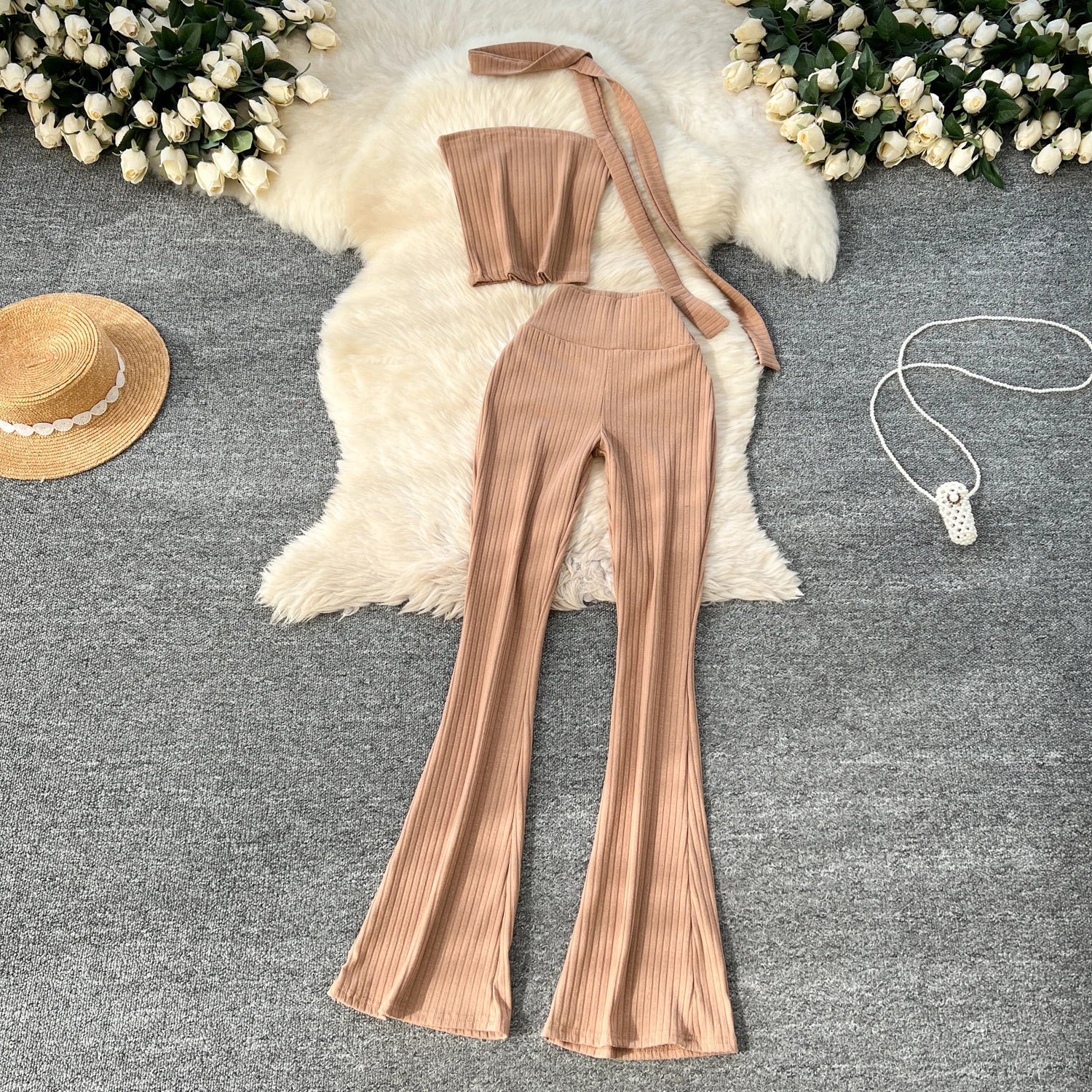 Chic Two Piece Strapless Ribbon Design Short Slim Tops+High Waist Long Pants Sets