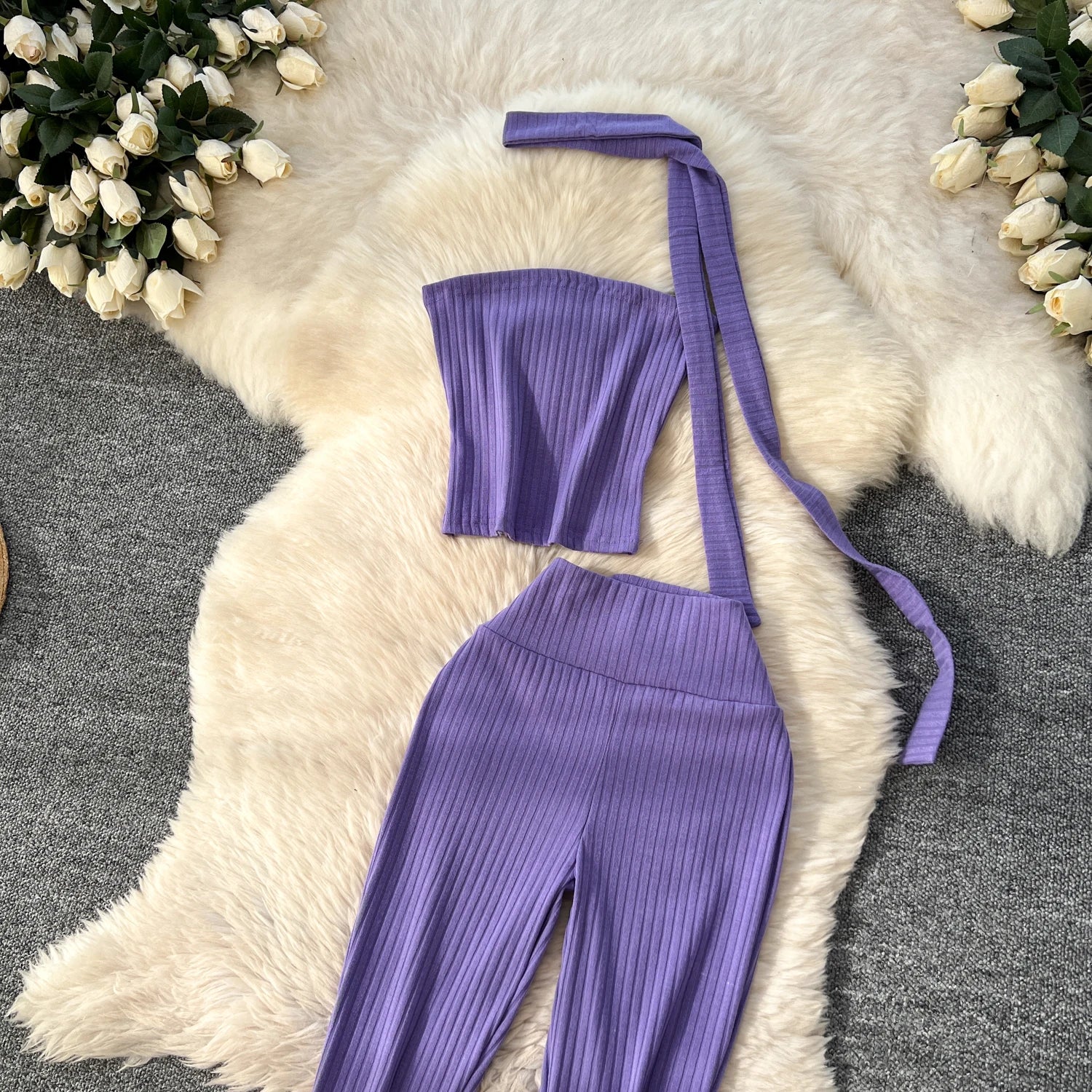 Chic Two Piece Strapless Ribbon Design Short Slim Tops+High Waist Long Pants Sets