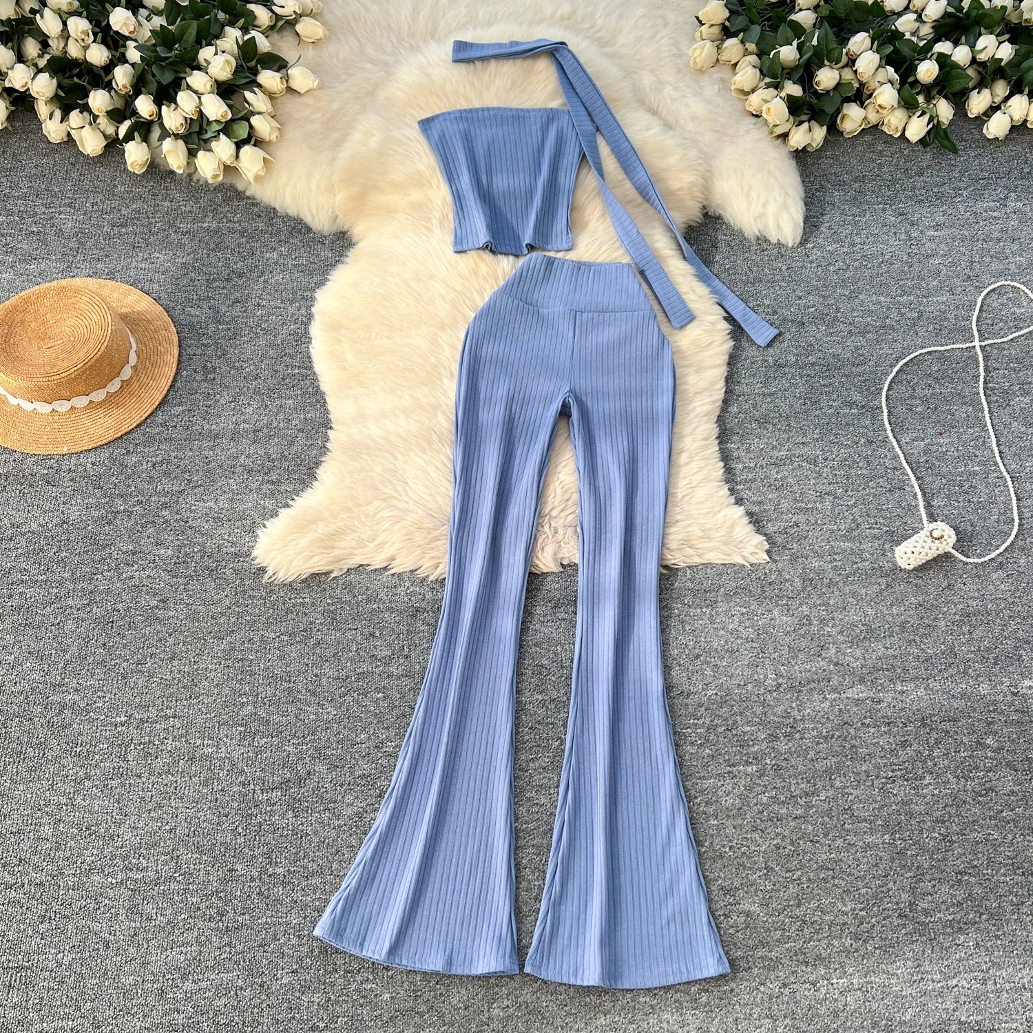Chic Two Piece Strapless Ribbon Design Short Slim Tops+High Waist Long Pants Sets