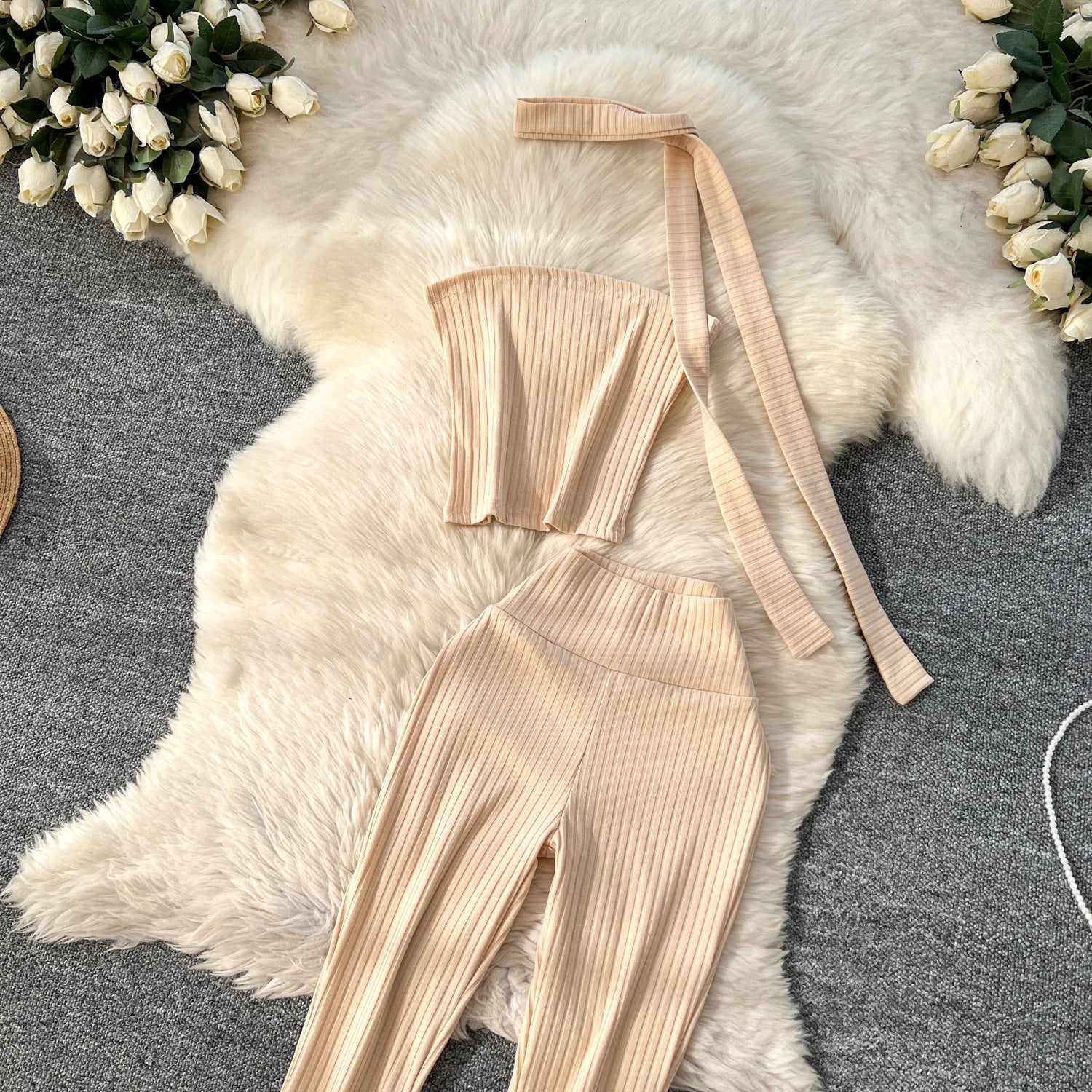 Chic Two Piece Strapless Ribbon Design Short Slim Tops+High Waist Long Pants Sets