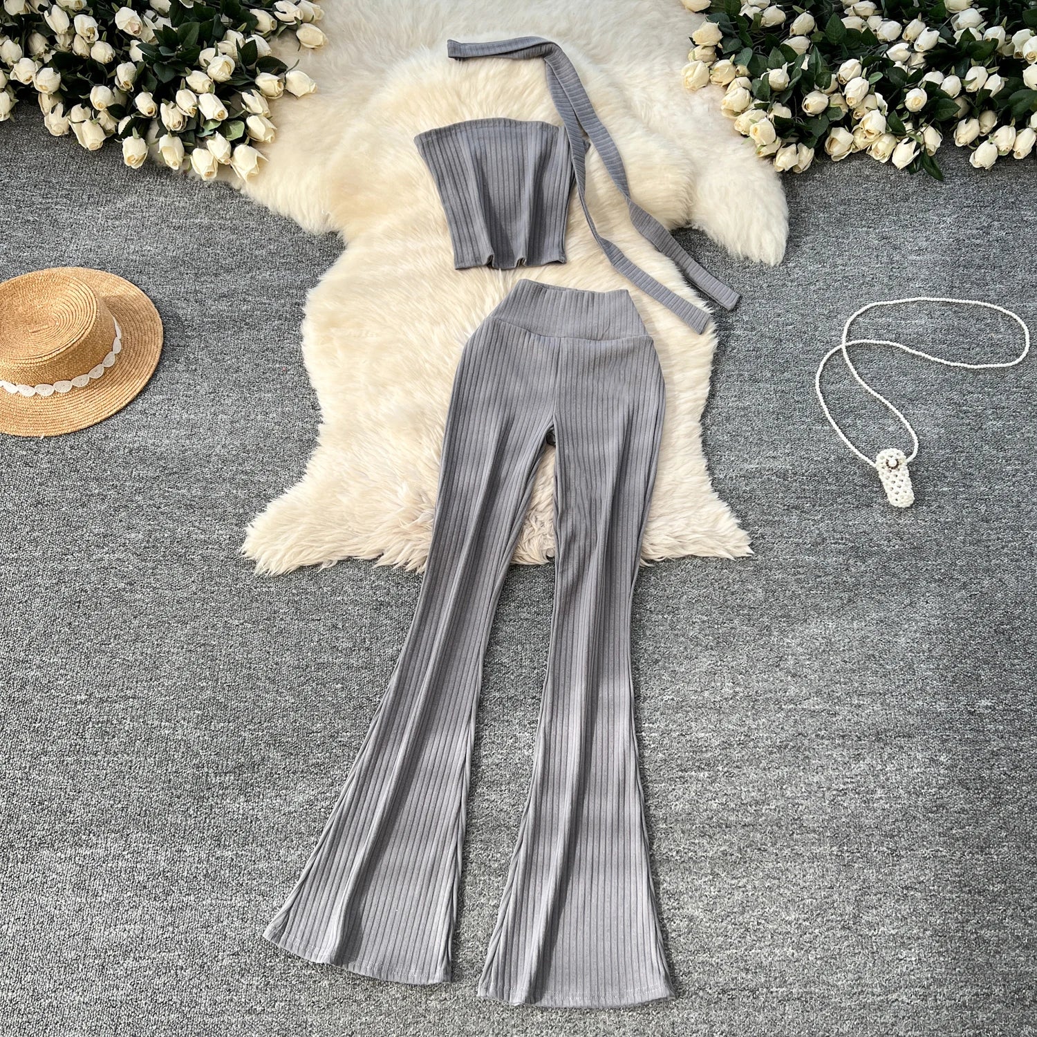 Chic Two Piece Strapless Ribbon Design Short Slim Tops+High Waist Long Pants Sets