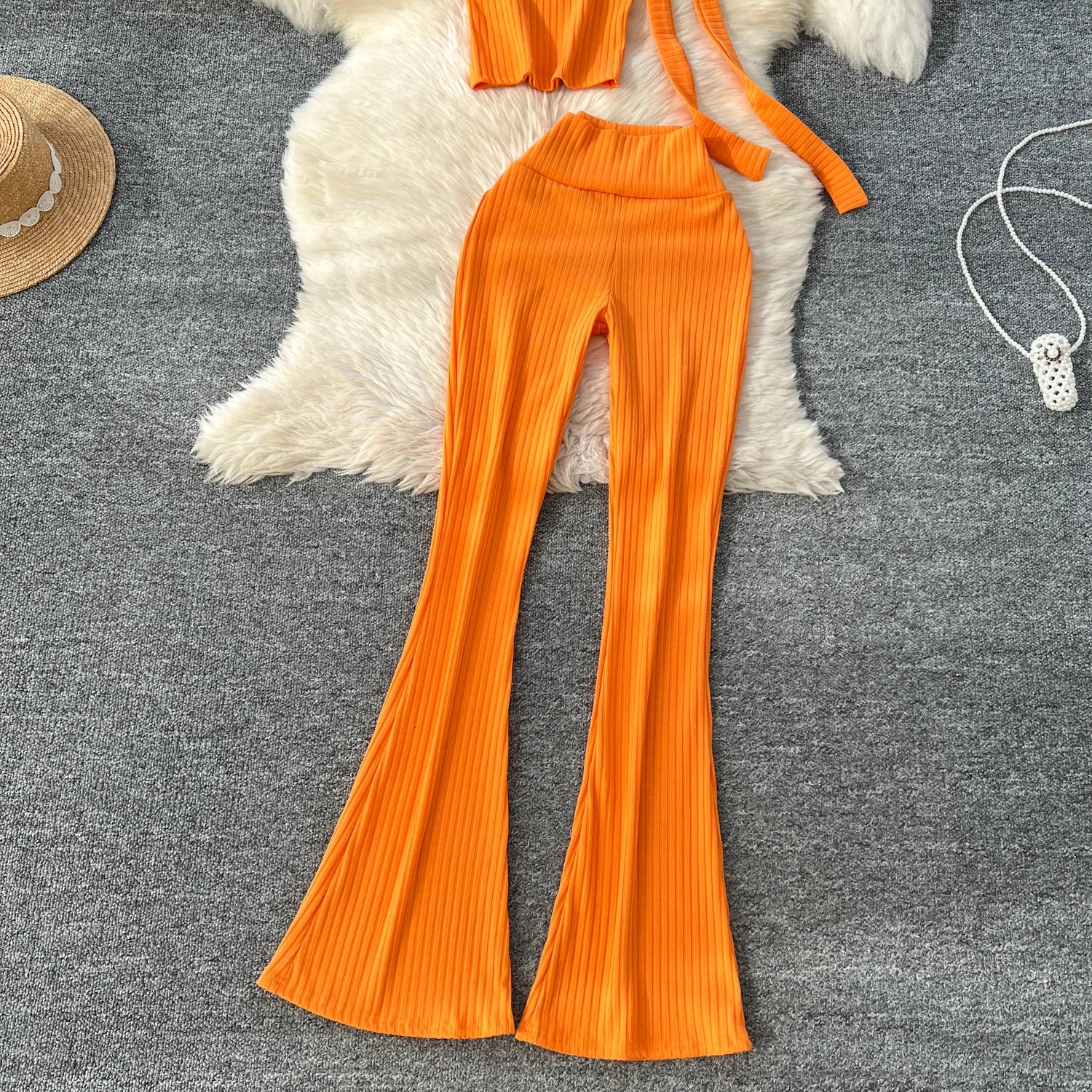 Chic Two Piece Strapless Ribbon Design Short Slim Tops+High Waist Long Pants Sets