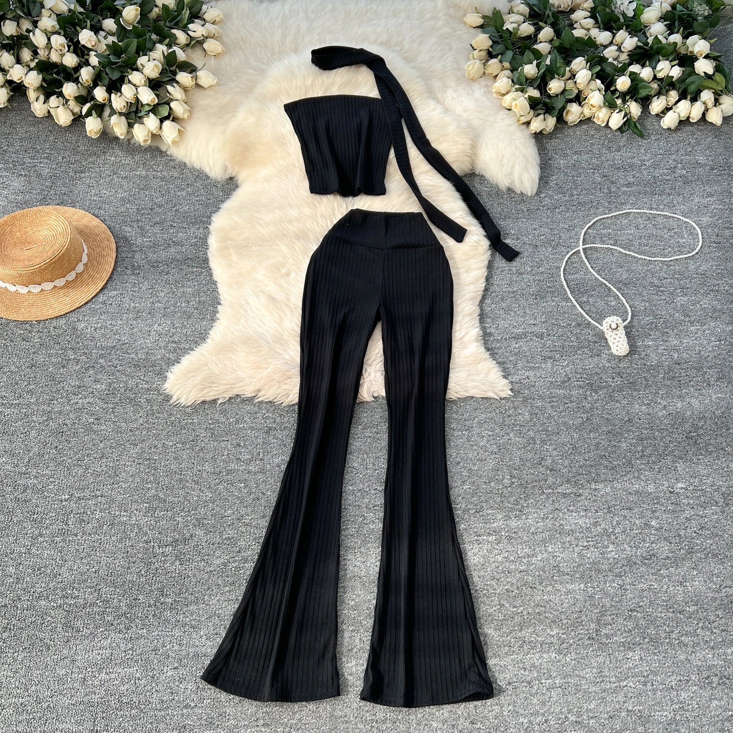 Chic Two Piece Strapless Ribbon Design Short Slim Tops+High Waist Long Pants Sets