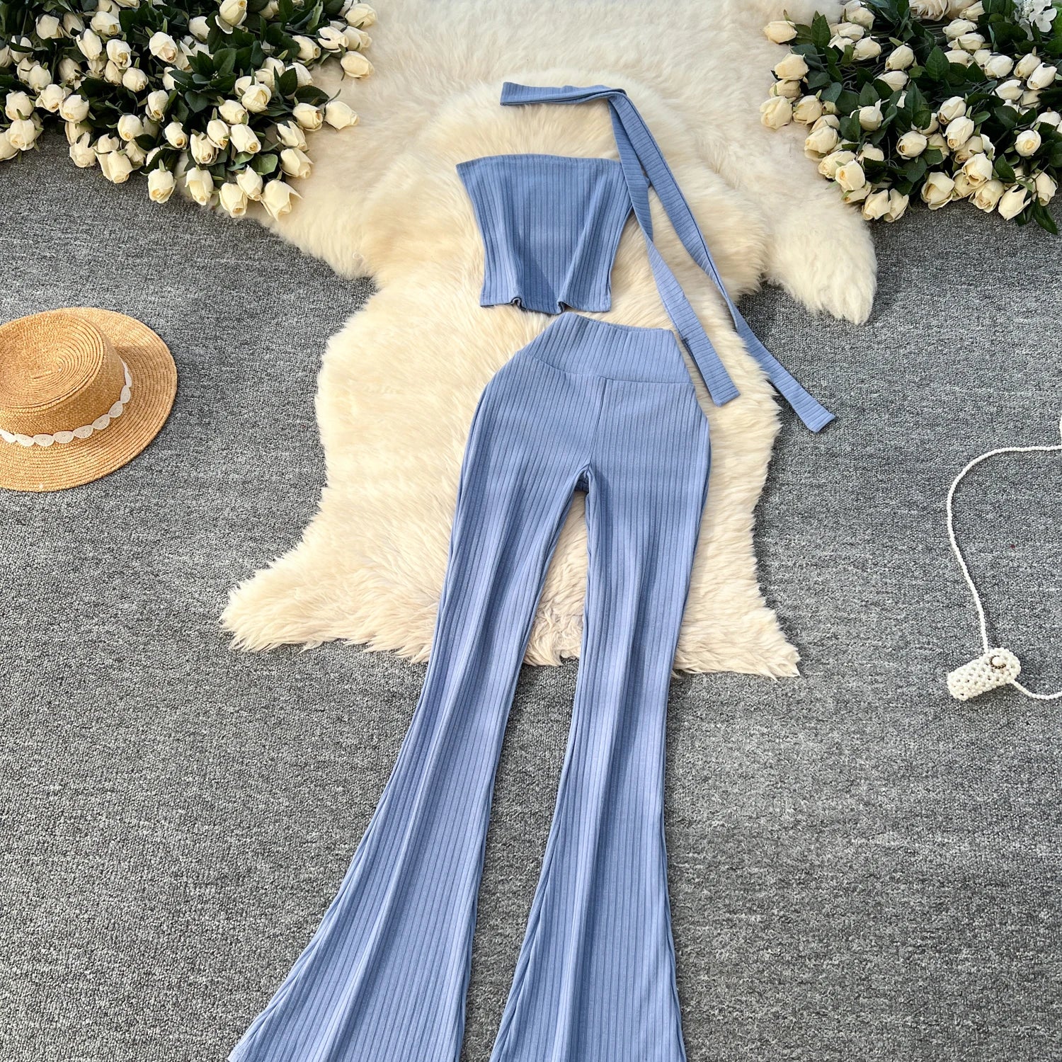 Chic Two Piece Strapless Ribbon Design Short Slim Tops+High Waist Long Pants Sets