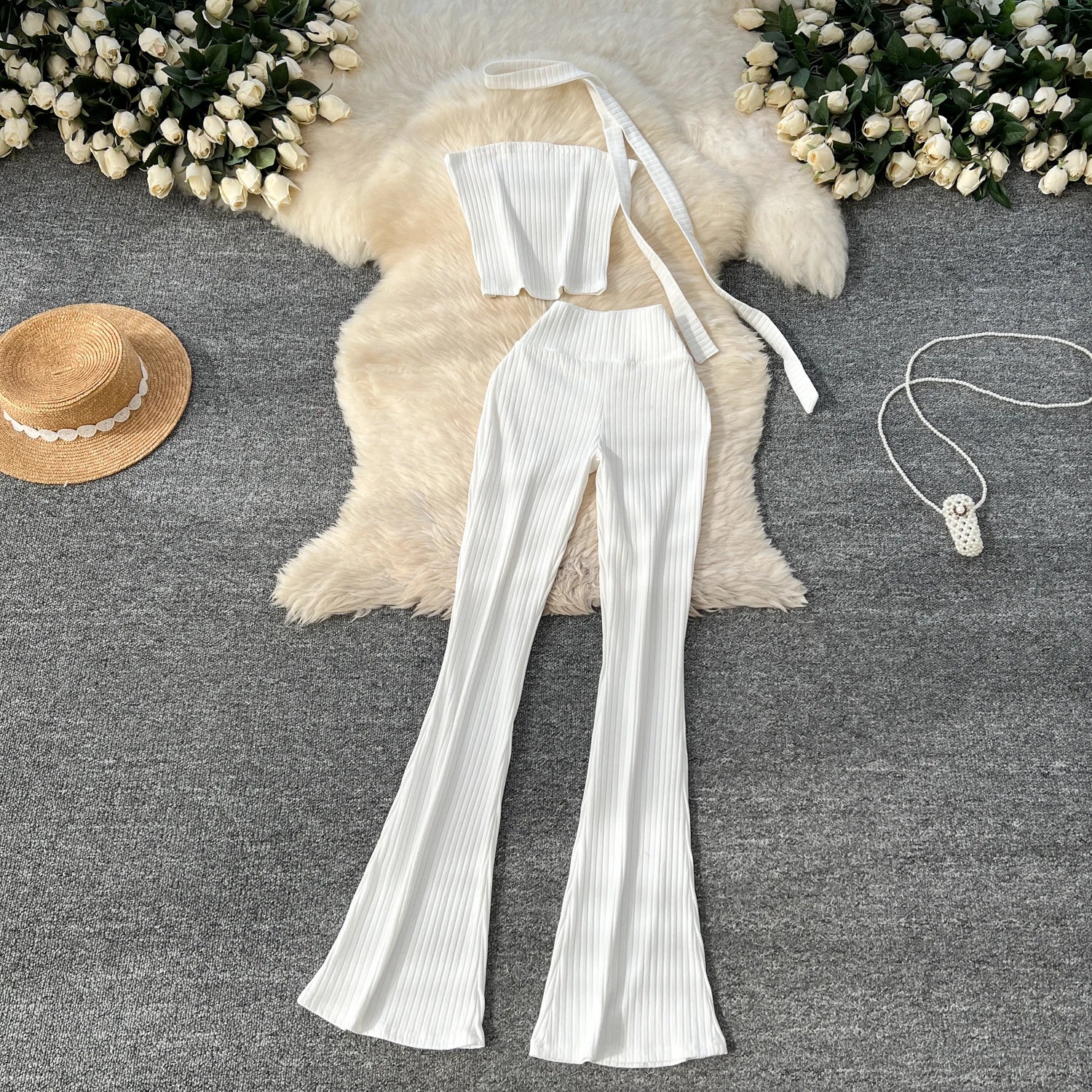 Chic Two Piece Strapless Ribbon Design Short Slim Tops+High Waist Long Pants Sets