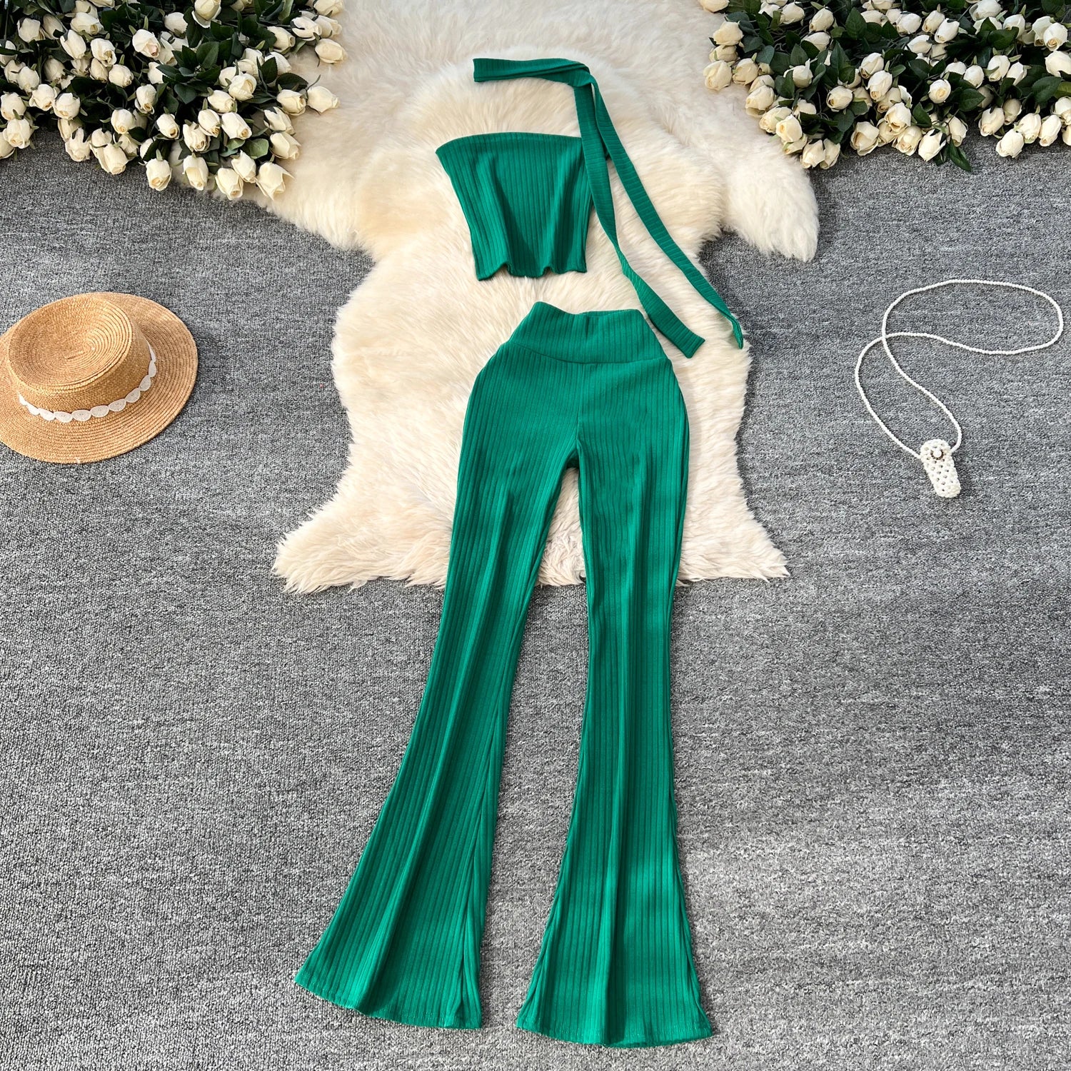 Chic Two Piece Strapless Ribbon Design Short Slim Tops+High Waist Long Pants Sets