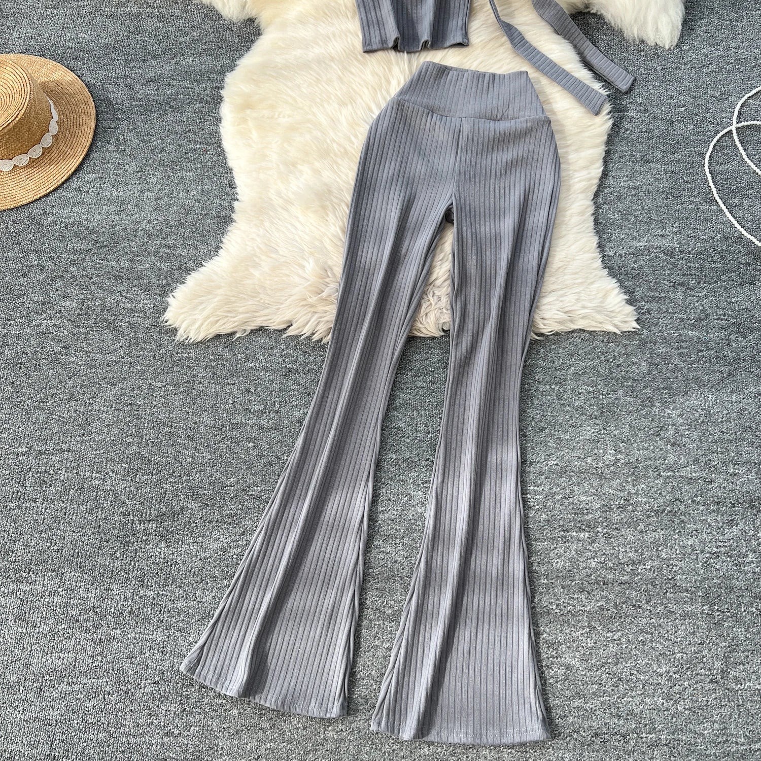 Chic Two Piece Strapless Ribbon Design Short Slim Tops+High Waist Long Pants Sets
