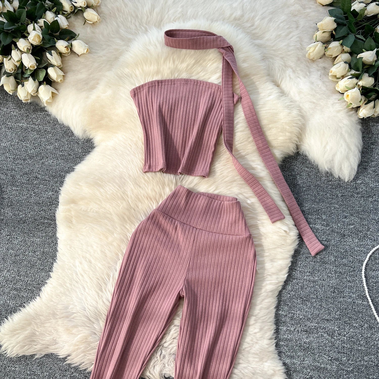 Chic Two Piece Strapless Ribbon Design Short Slim Tops+High Waist Long Pants Sets