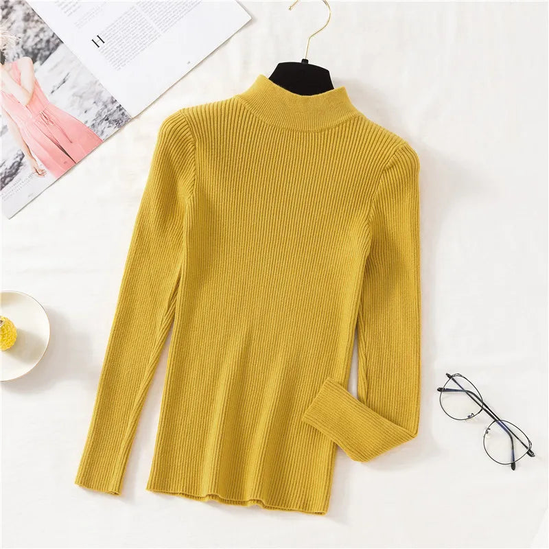 Autumn Women Pullover Sweater Half Turtleneck Knitted Female Jumper Long Sleeve Winter Black Soft Elastic Blouse