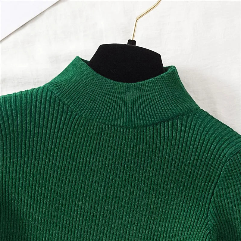 Autumn Women Pullover Sweater Half Turtleneck Knitted Female Jumper Long Sleeve Winter Black Soft Elastic Blouse