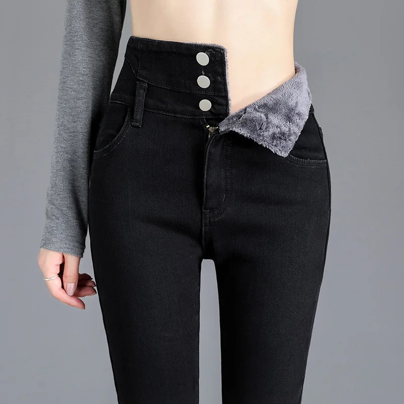 Thermal Winter Thick Fleece High-waist Warm Skinny Jeans  Stretchy Button Pencil Pants