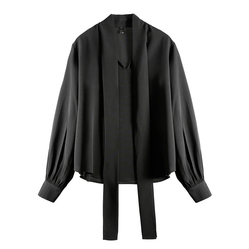 Lace Up Vintage Long Sleeve Solid Chiffon Casual Bow Blouse