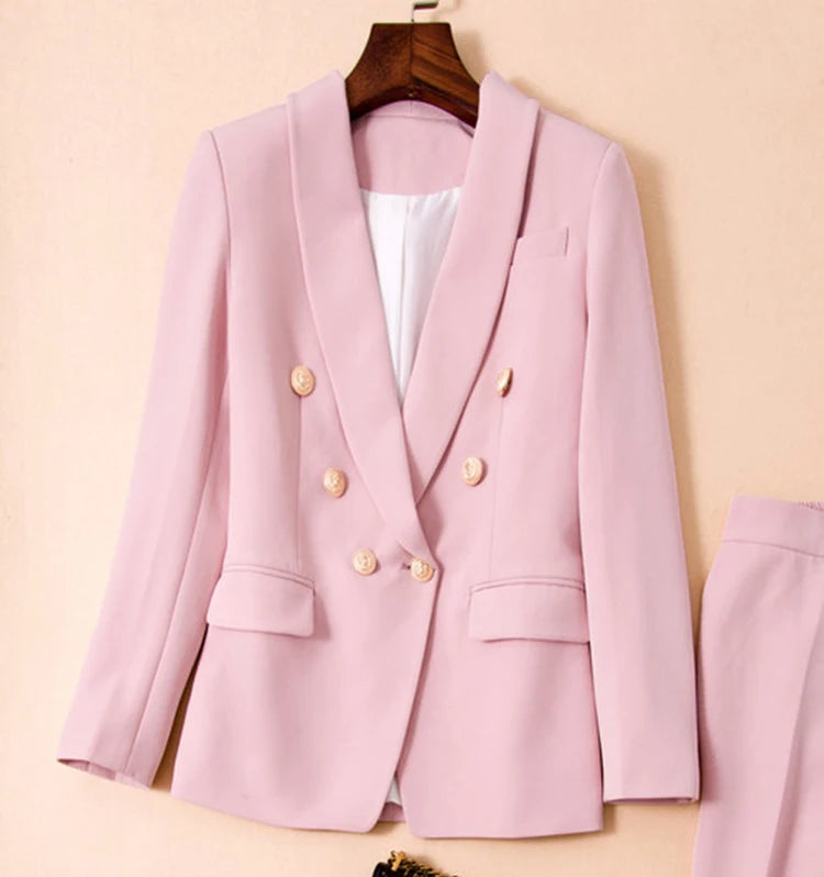 High Fashion Blazer Suit Set Classic Shawl Collar Lion Buttons Double Breasted Blazer Pants Women Suit