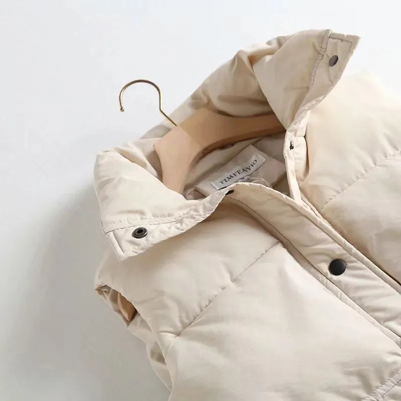 Autumn Winter Solid Loose Vest Drawstring Stand Collar Long Vest Jacket