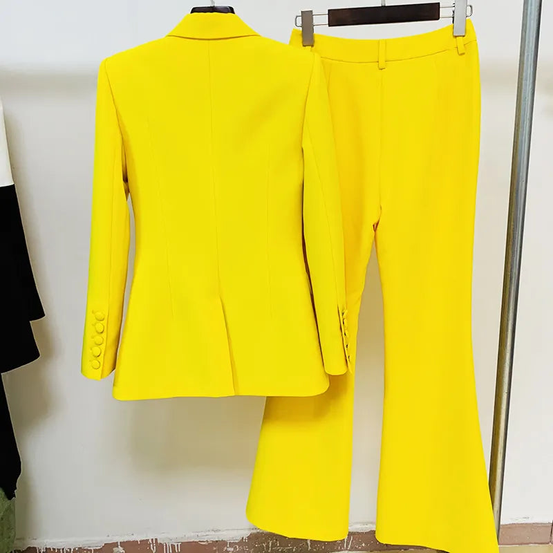 High Street Fashion Runway Designer Suit Set Women's Single Button Blazer Flare Pants Suit