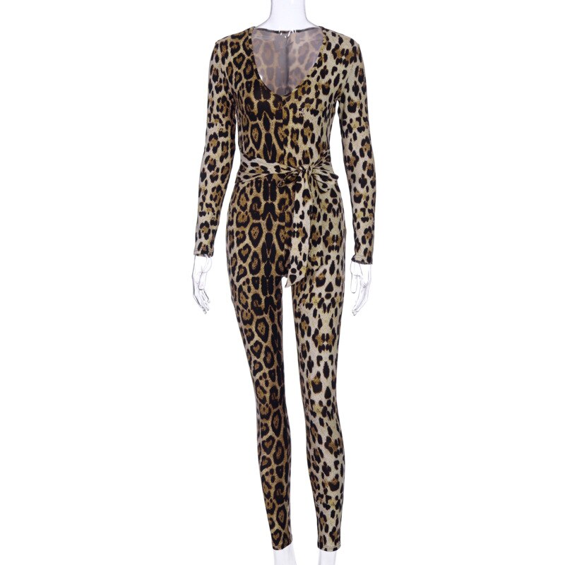 Leopard Print V-neck Long Sleeve Jumpsuits