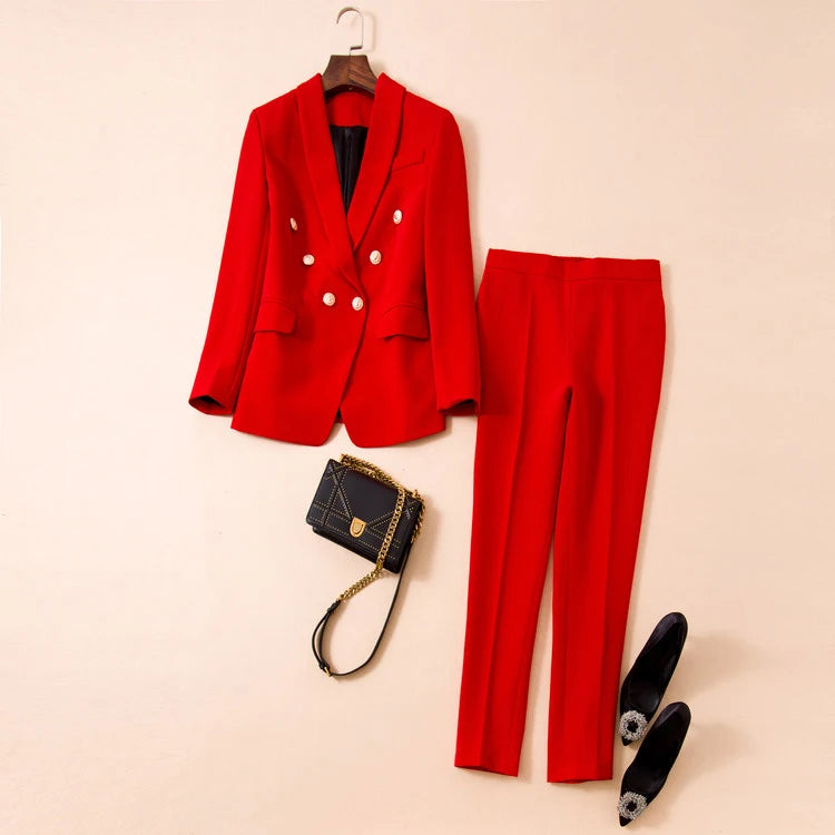 High Fashion Blazer Suit Set Classic Shawl Collar Lion Buttons Double Breasted Blazer Pants Women Suit