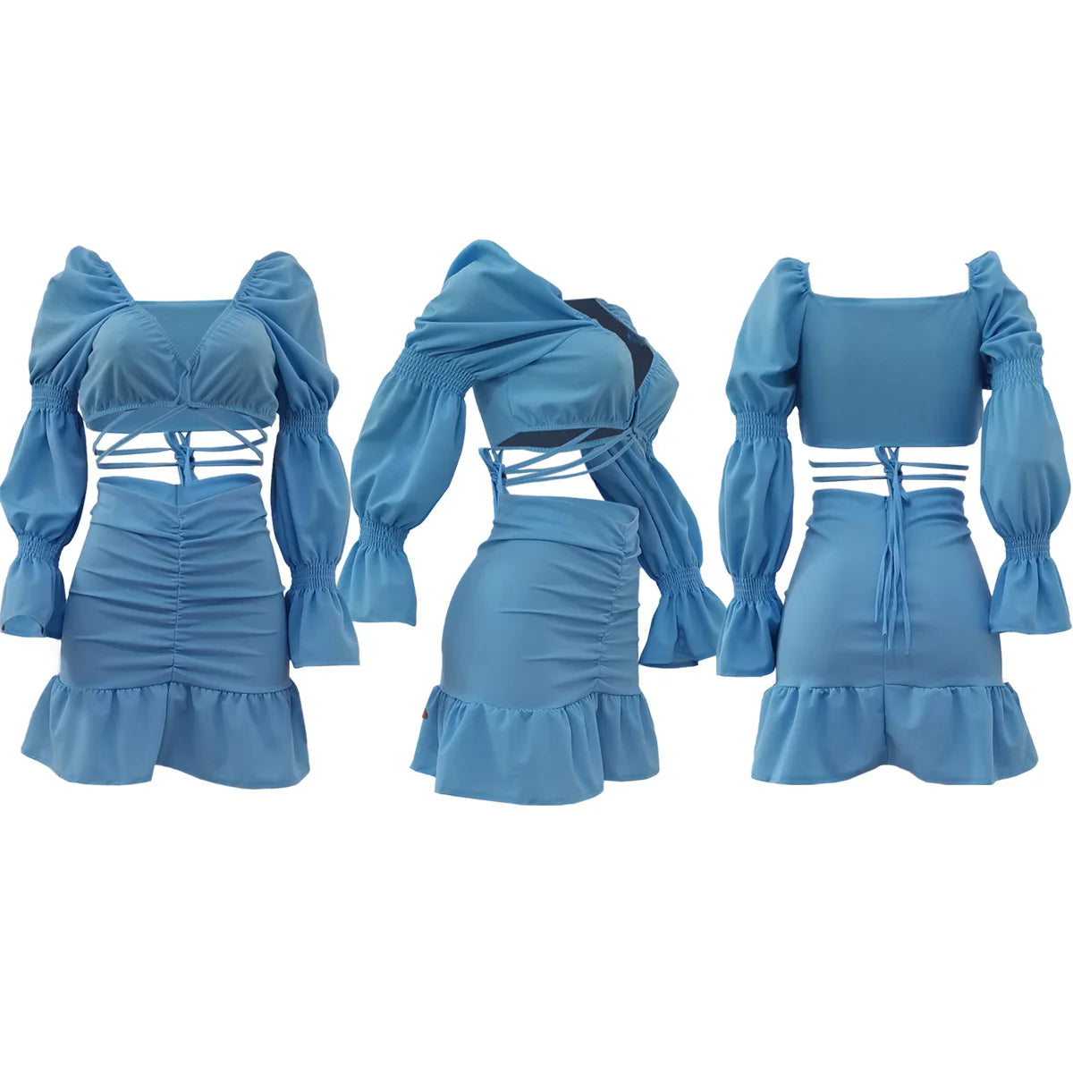 Lantern Sleeve Crop Tops and Ruffles Mermaid Mini Skirts Matching Set