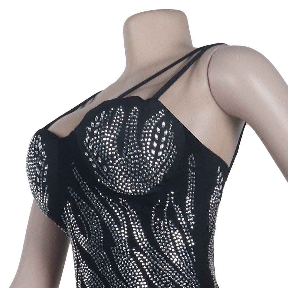 Spaghetti Strap Bodycon See Through Mesh Rhinestone Dress