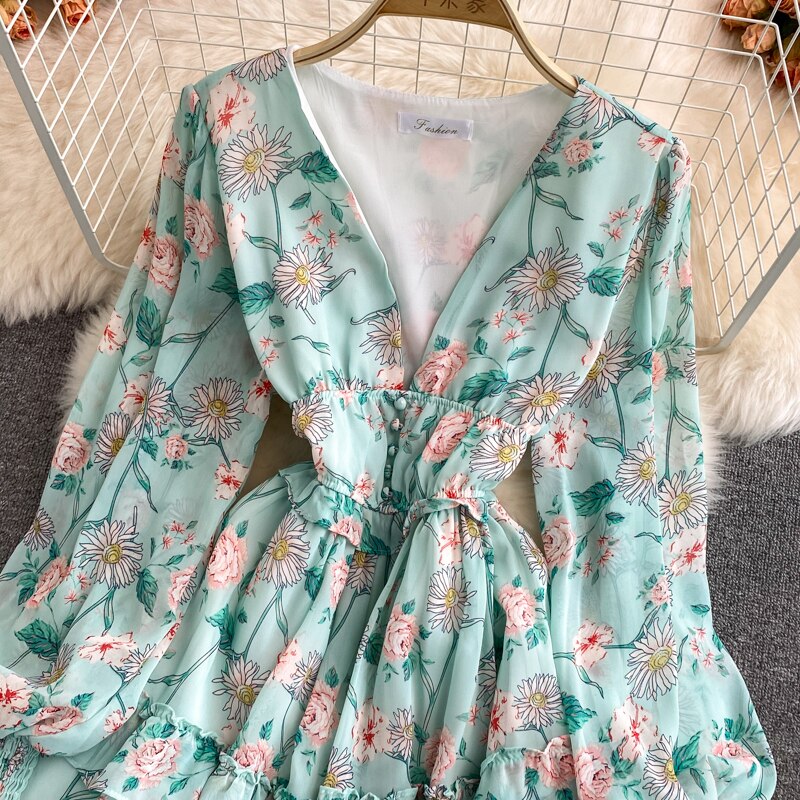 Floral Chiffon V-Neck Lantern Long Sleeve High Waist Ruffle Dress