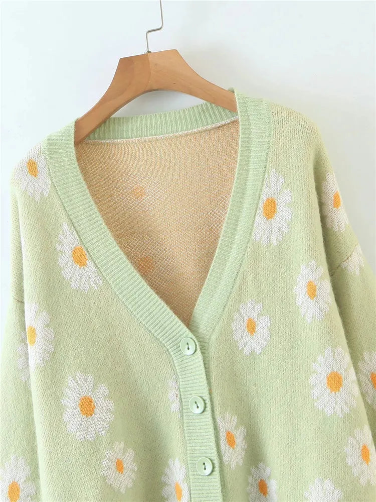 Fashion Print Soft Full Sleeve Floral Single Little Daisy V-Neck Pull Oversize Cardigan