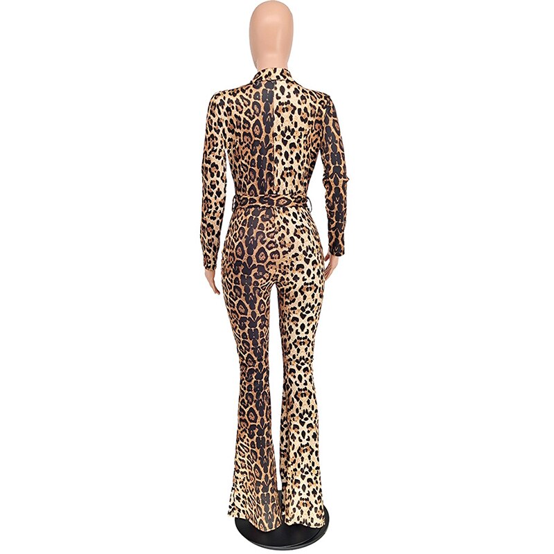 Leopard Print V-neck Long Sleeve Jumpsuits