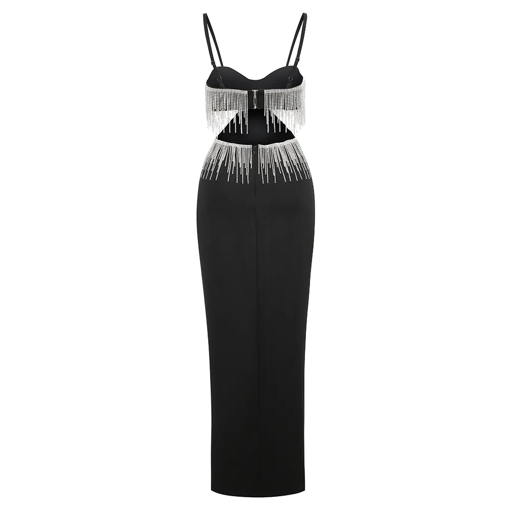 Spaghetti Tassel Diamond Tight Maxi Bodycon Backless High Slit Dress