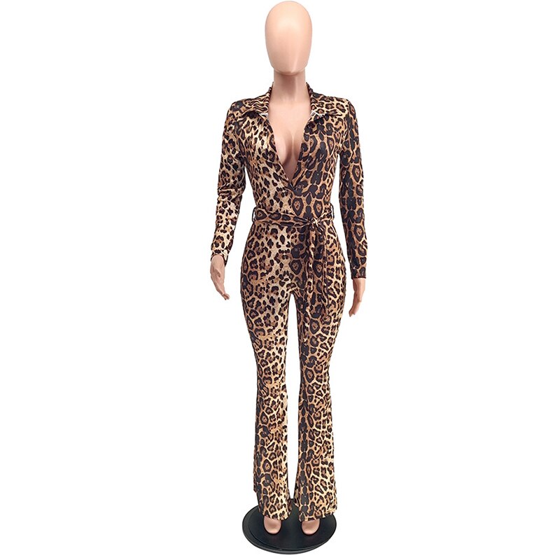 Leopard Print V-neck Long Sleeve Jumpsuits