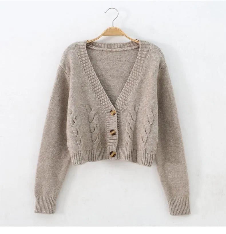 Autumn Winter Short Cardigan Breasted High Waist  Knitted Tops