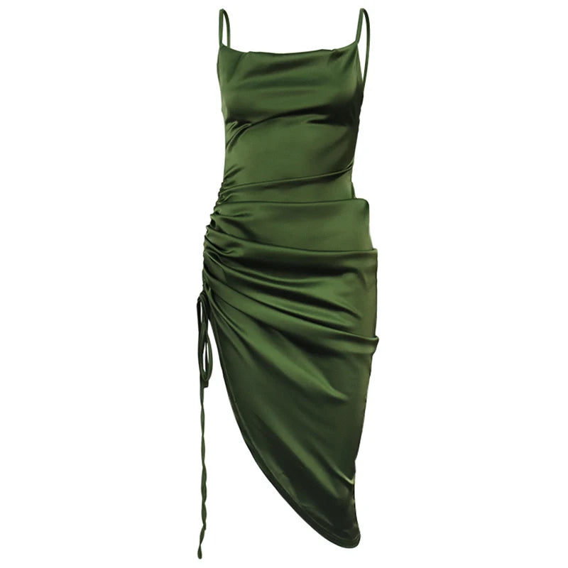 Ruched Satin Drawstring Spaghetti Straps Cowl Neck Backless Long Dress