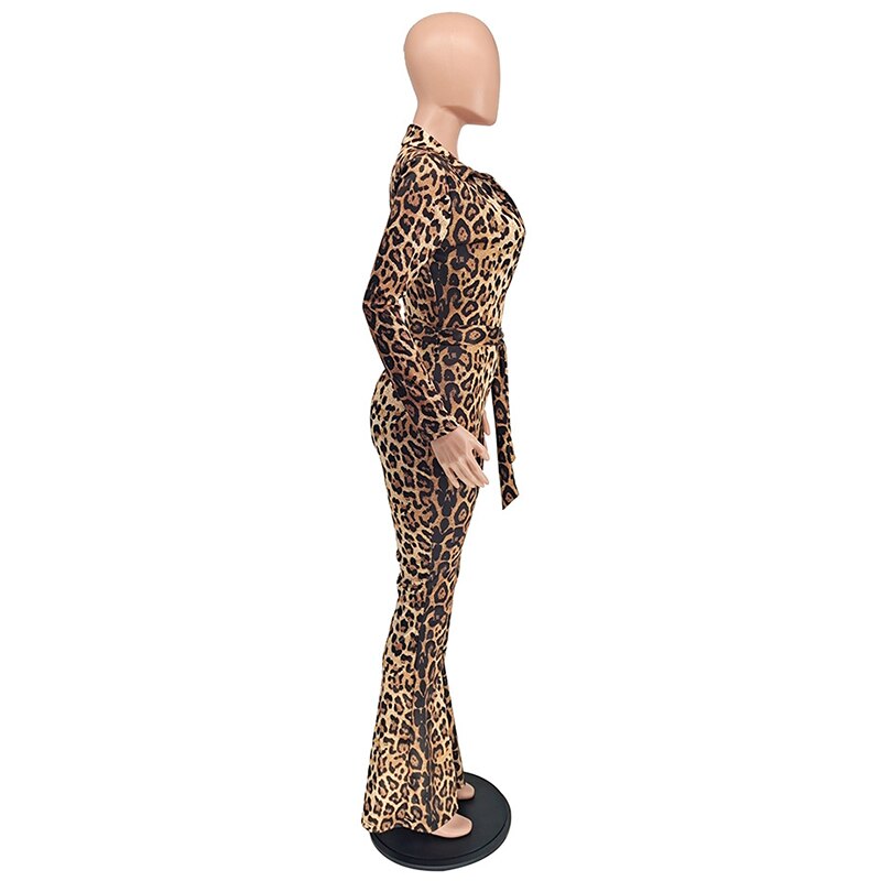 Leopard Print V-neck Long Sleeve Jumpsuits