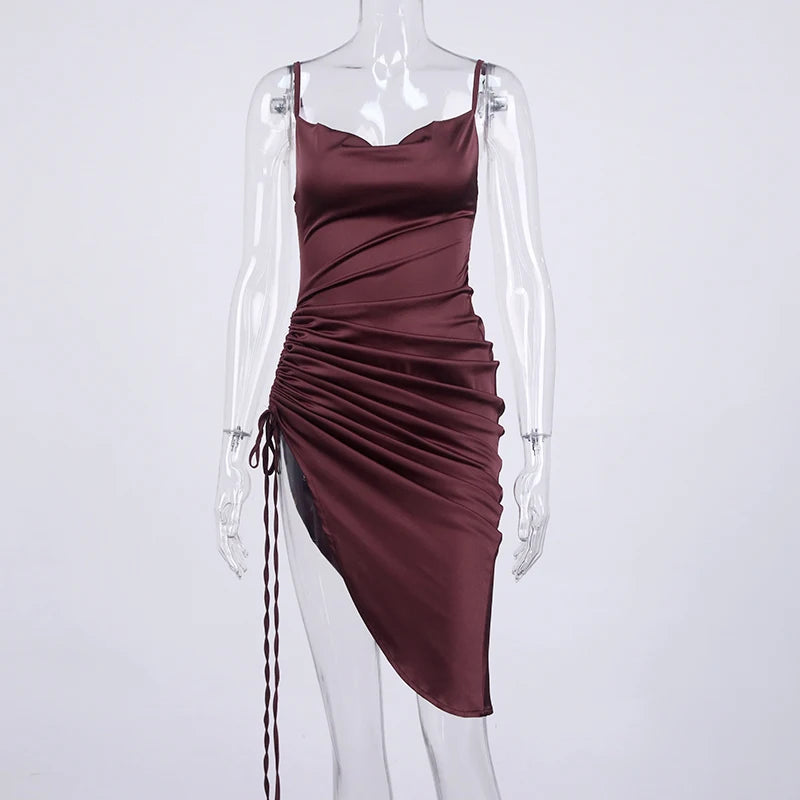 Ruched Satin Drawstring Spaghetti Straps Cowl Neck Backless Long Dress